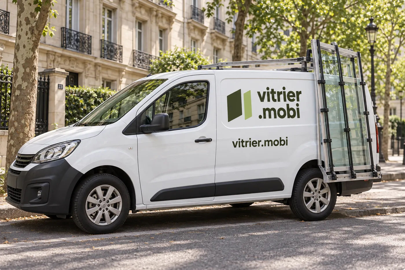 Camionnette d'intervention vitrier.mobi avec porte-verre latéral, garée dans une rue arborée de Levallois-Perret
