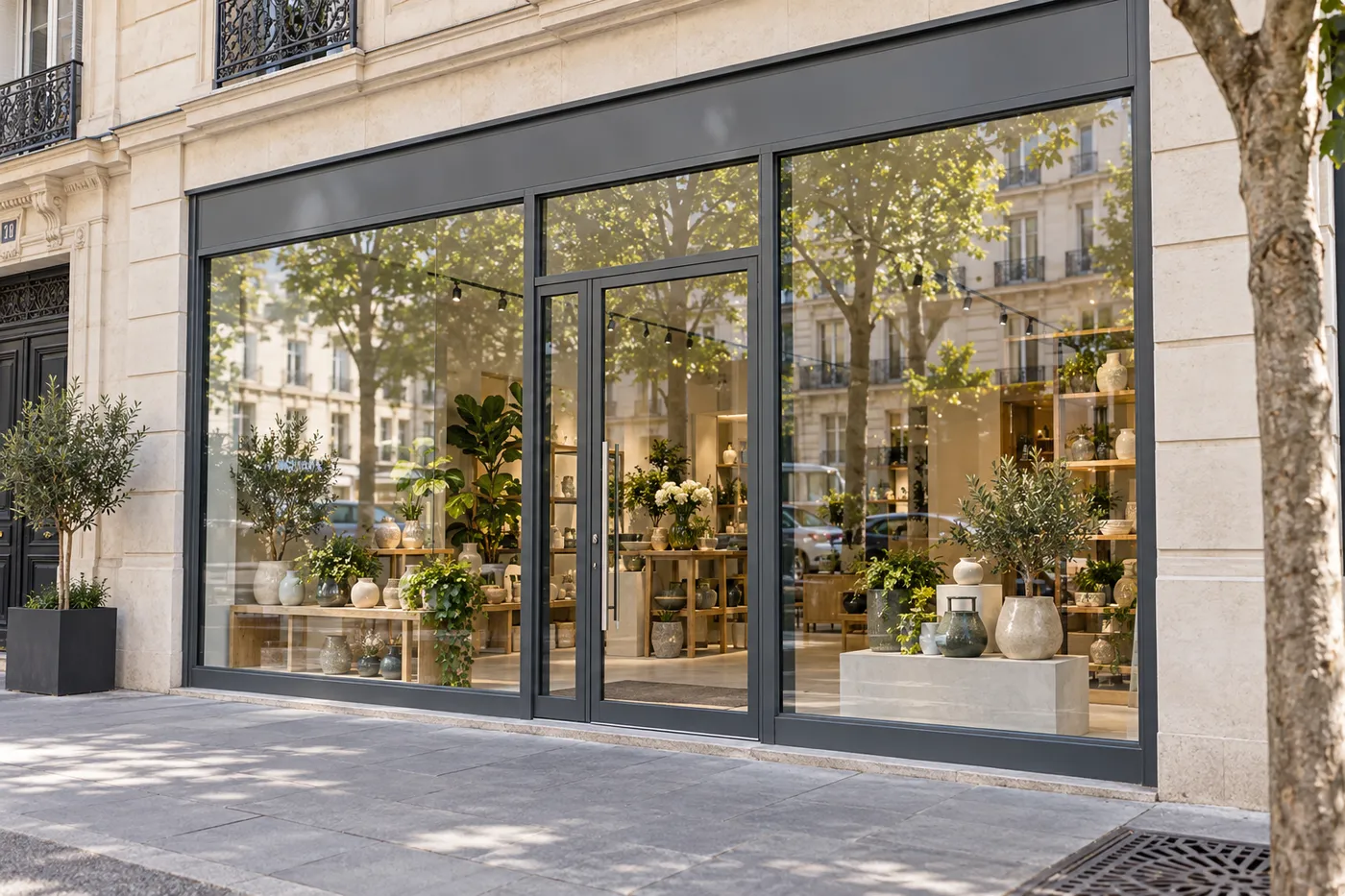 Devanture de commerce vitrée remise à neuf, châssis aluminium gris, en pied d'immeuble à Levallois-Perret