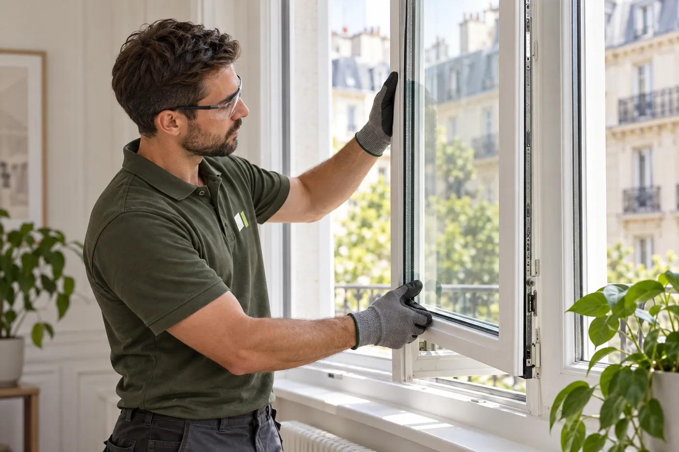 Vitrier ajustant un double vitrage isolant dans la fenêtre d'un appartement