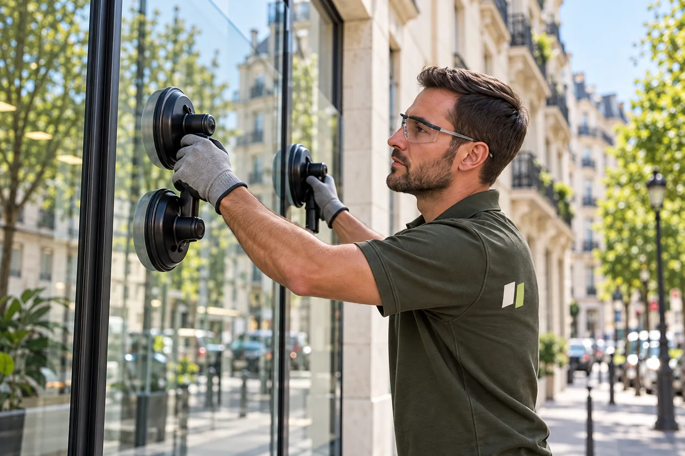 Vitrier de l'équipe vitrier.mobi positionnant à la ventouse un grand verre de devanture de commerce dans une rue de Levallois-Perret (92300)